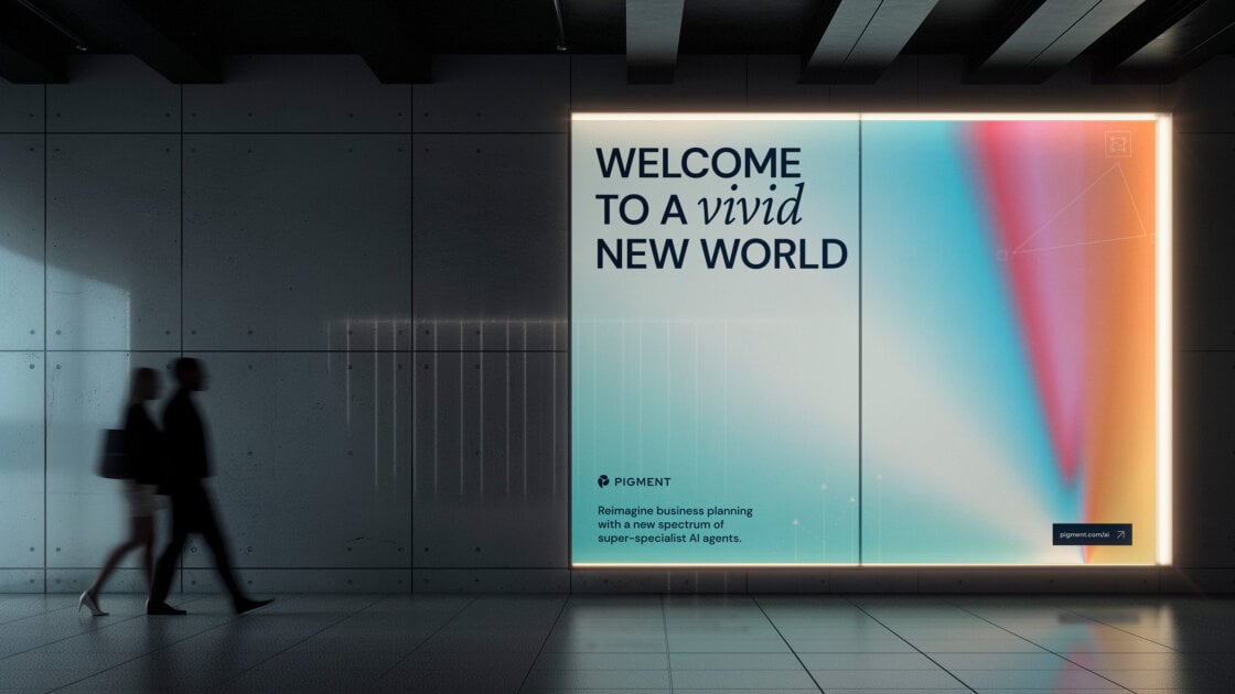 Digital Out of Home screen for AI, , with line 'Welcome to a vivid new world'