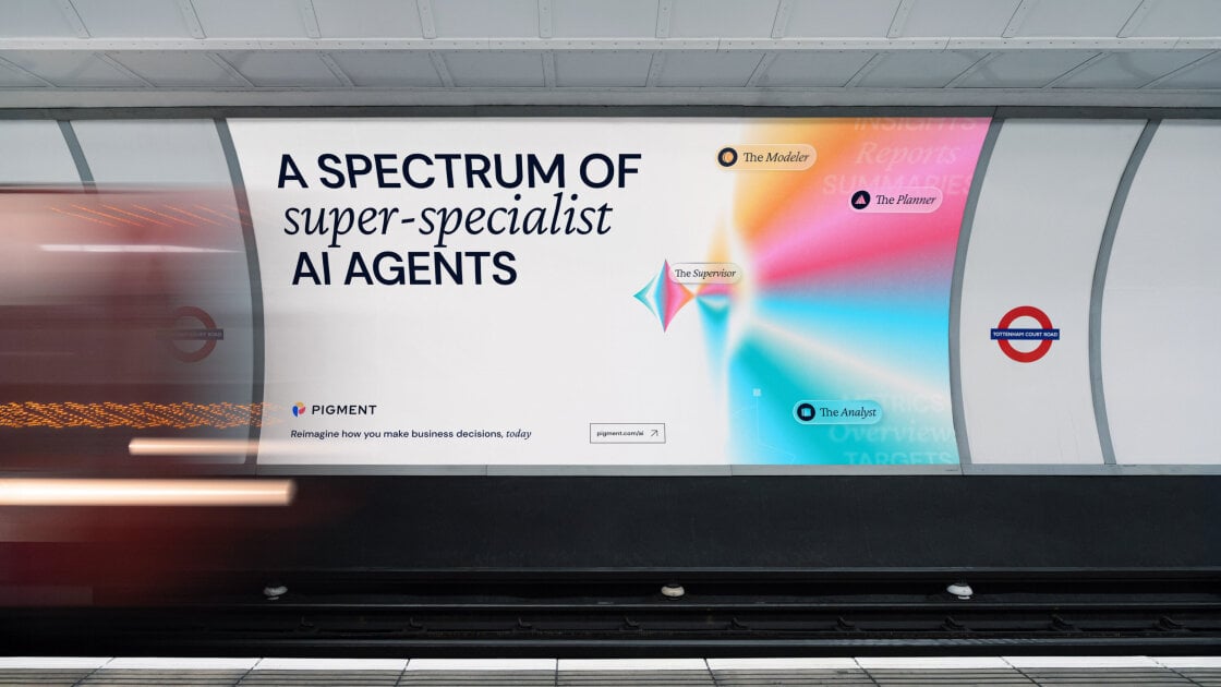 Out of Home tube ad for AI , with line 'A spectrum of super specialistf agents'