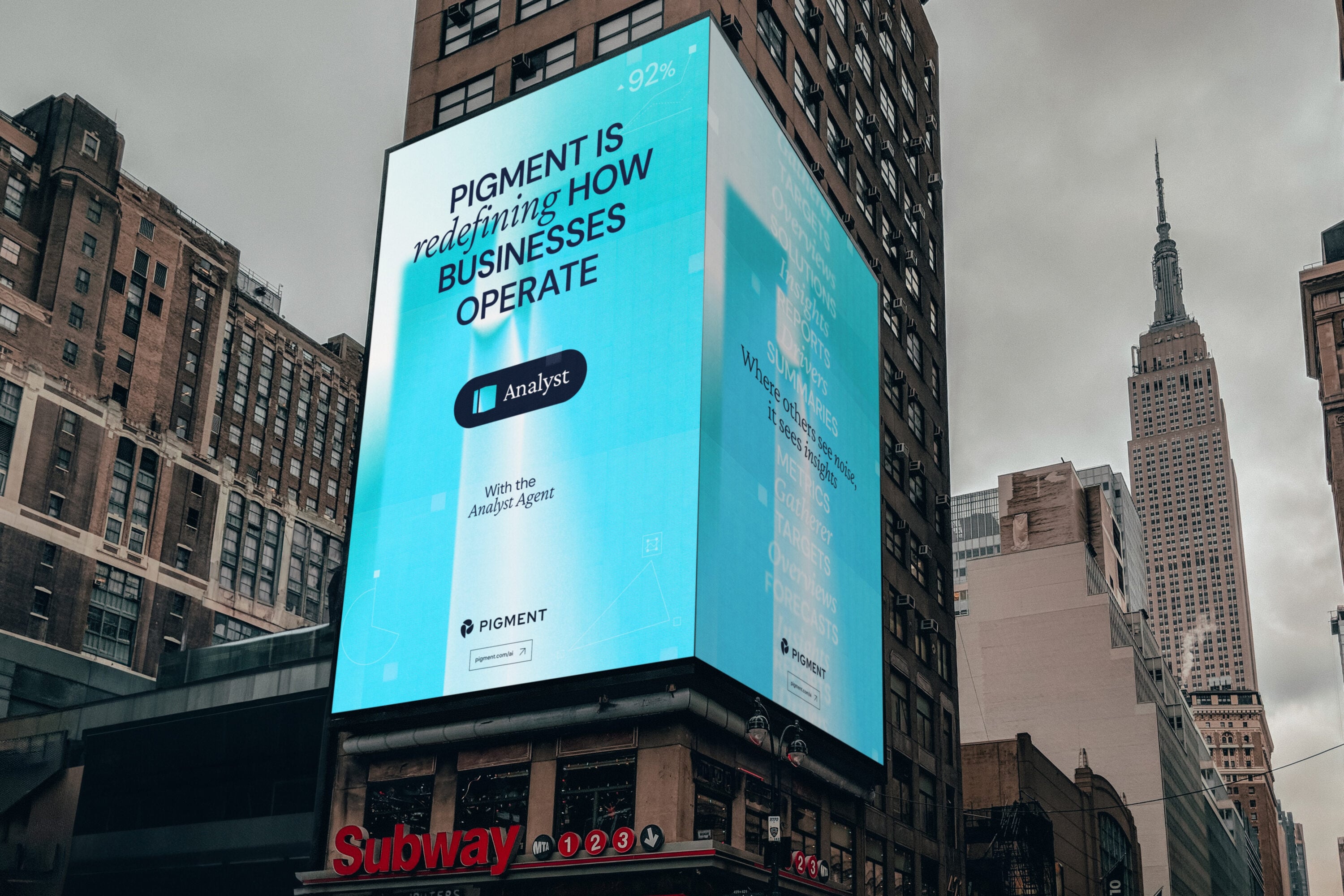 Times Square Digital Out of Home screen for AI by design studio Polaire Studios, in blue, with line ' is redefining how businesses operate'